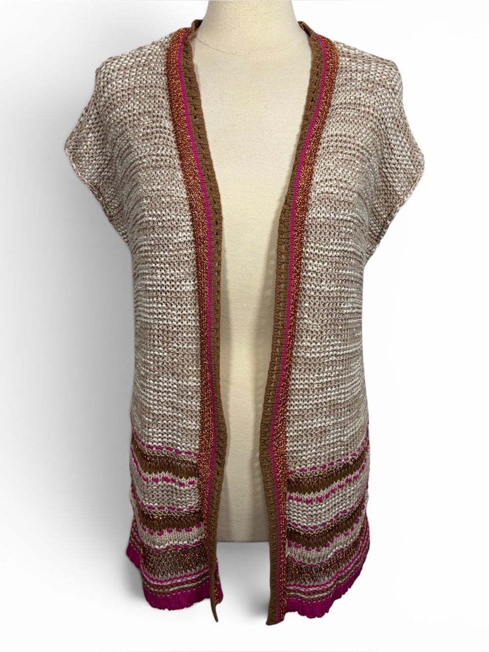 CHICO'S Color Pop Knit Cap-Sleeve Duster with Metallic Accent, Medium